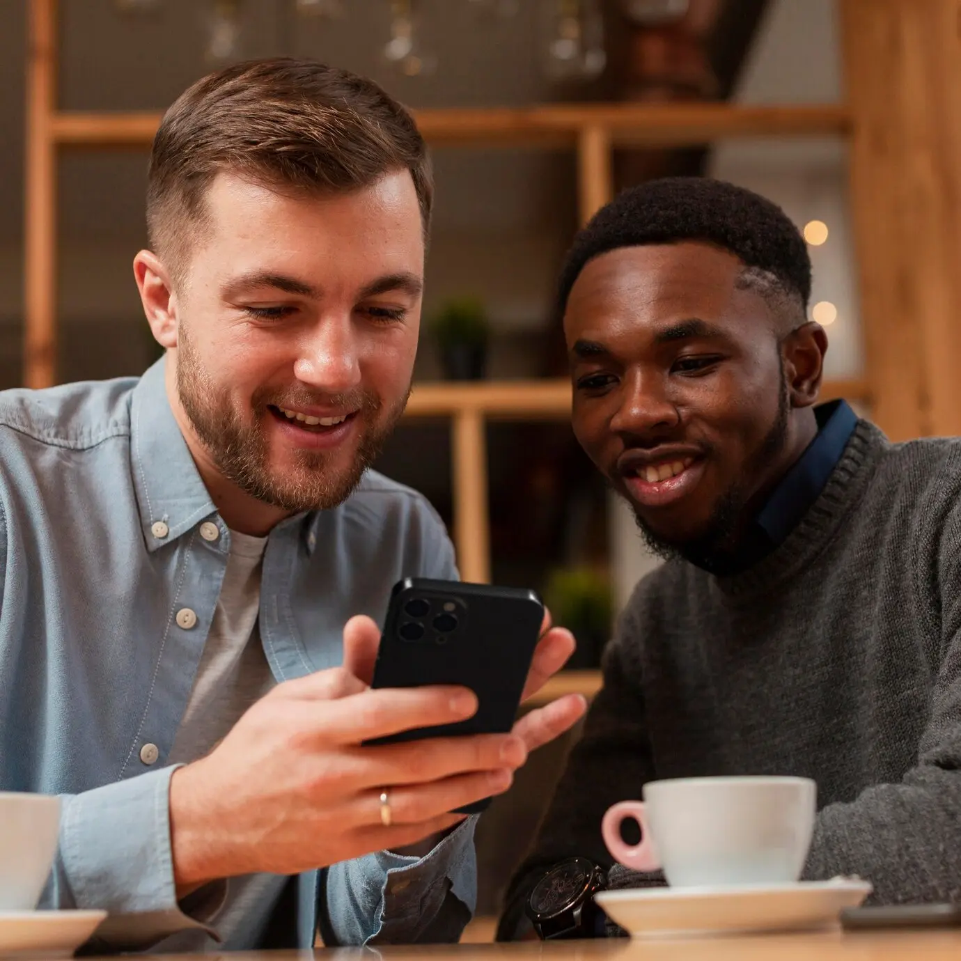 people in cafe looking at smartphone